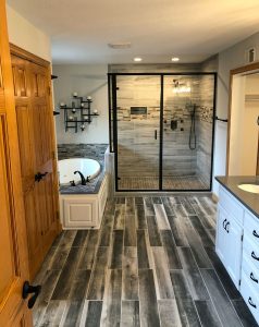 modern-gray-bathroom-remodel_twin-cities_mn Bathroom remodel project with gray wood grain looking tile and floor, by Carter Custom Construction