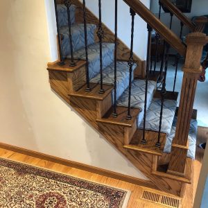 remodeler_stairs_oakdale-mn Custom stairway built by Kitchen remodel with open shelving and white cabinets, by Carter Custom Construction